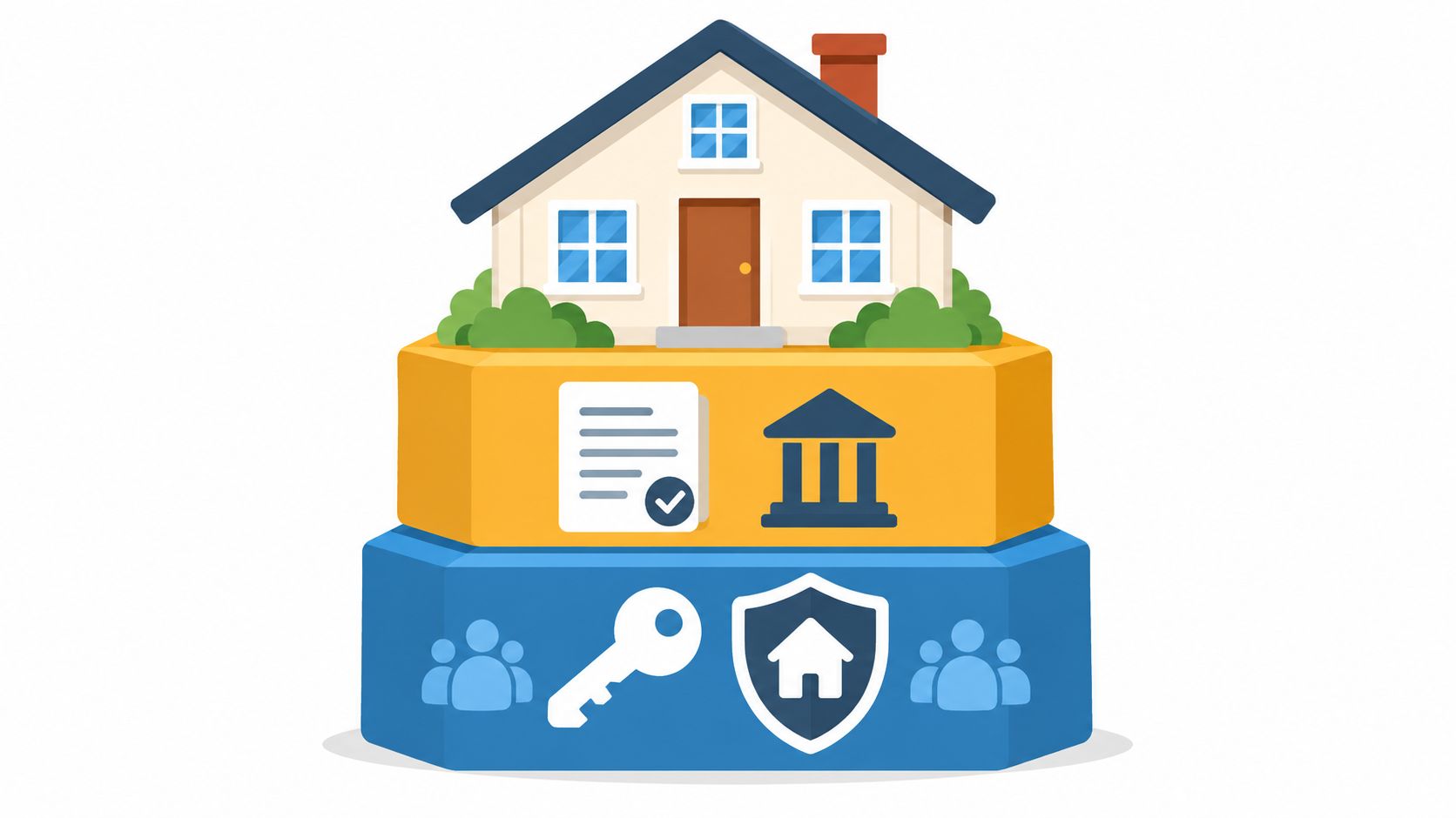 A house illustration sitting on two stacked hexagonal tiers representing property management, banking, and real estate services.