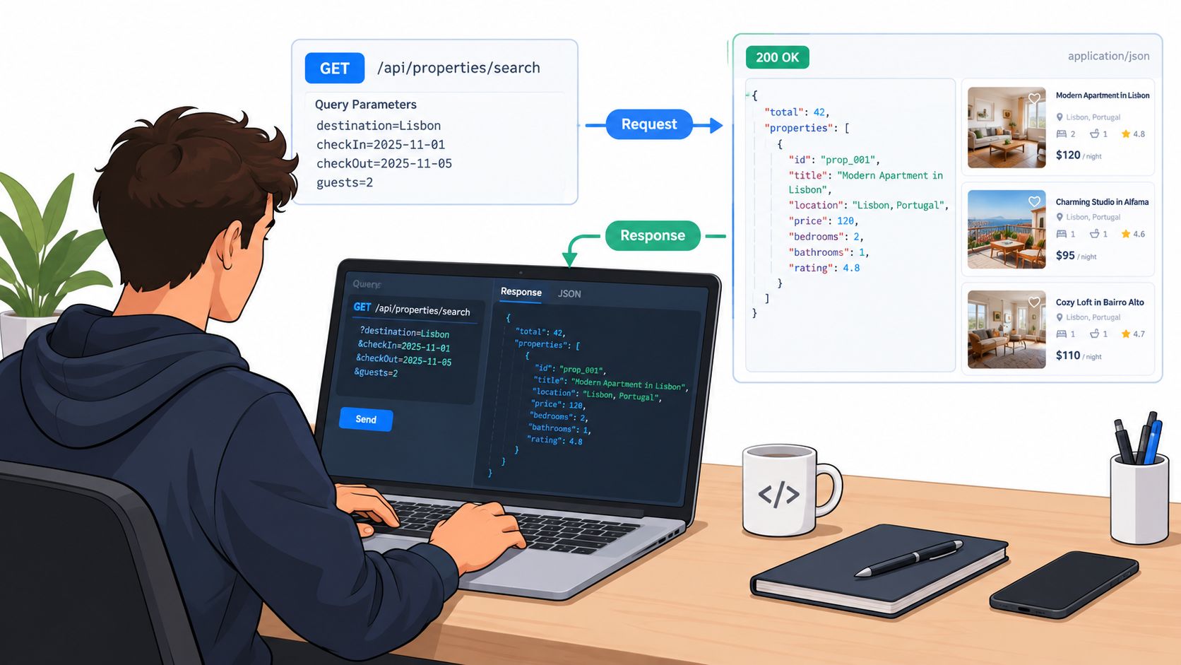 A developer working on a laptop while learning about REST API requests and responses for property booking.