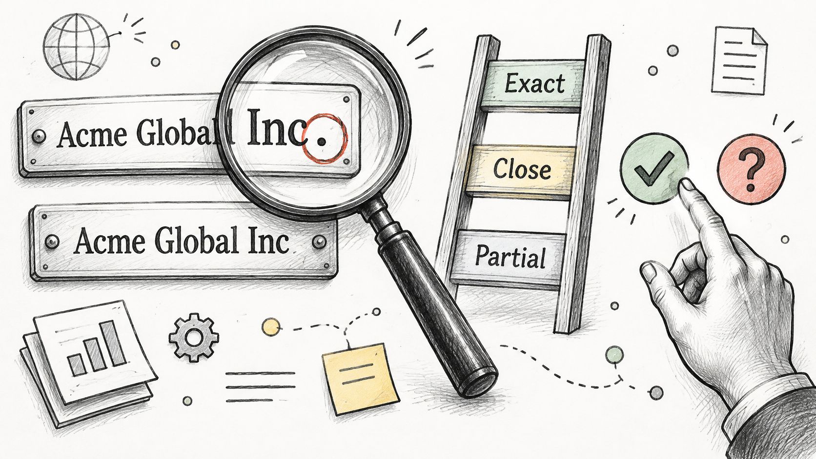 A hand selecting a match result next to a magnifying glass examining business entity name records.