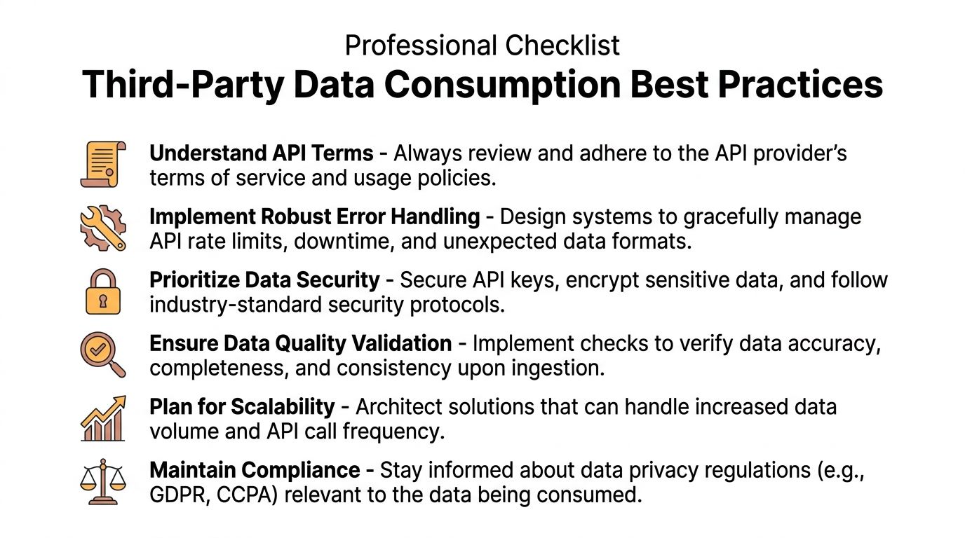 A professional checklist outlining best practices for consuming third-party data, including API terms, security, and scalability.