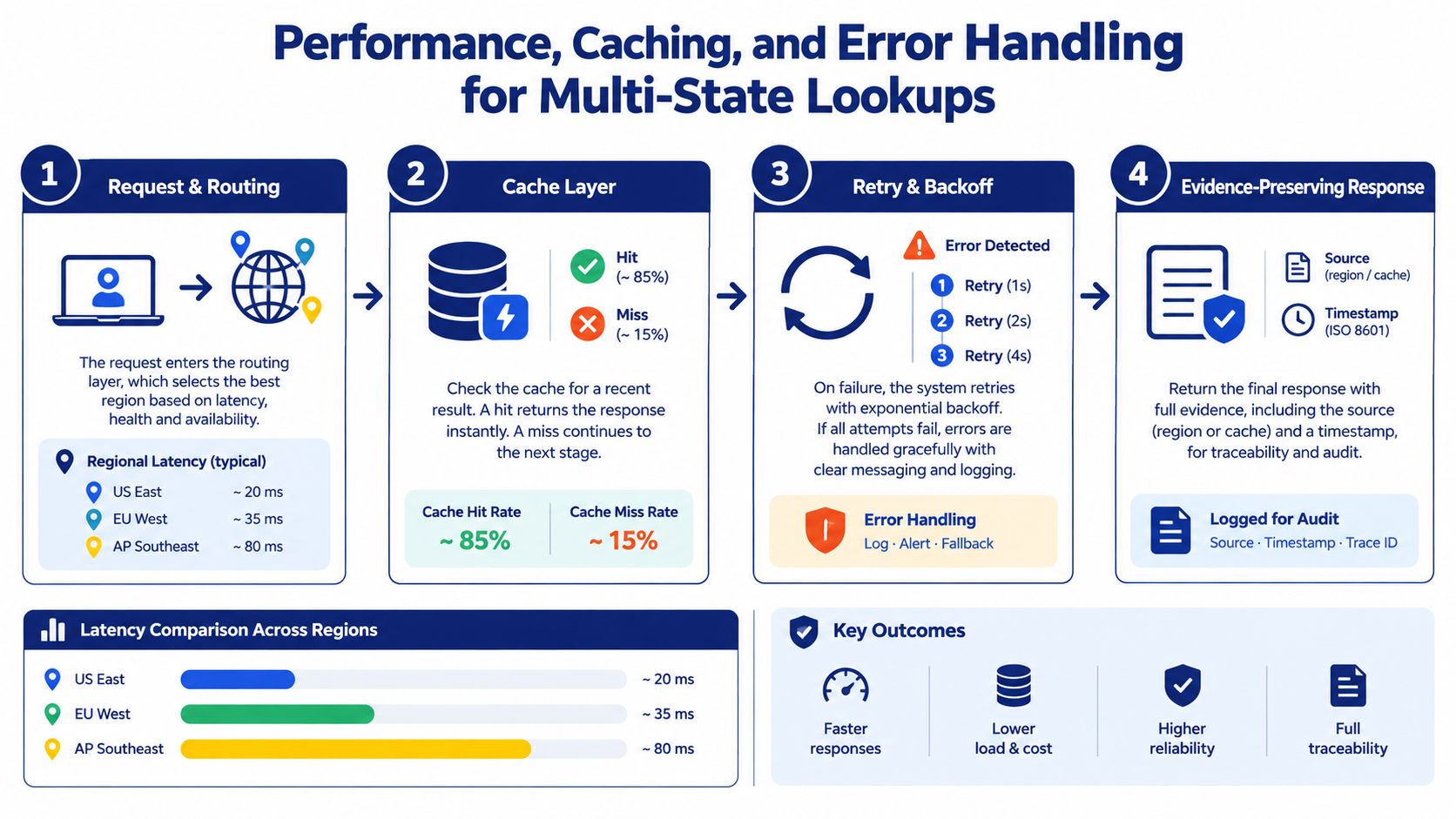 A flow diagram illustrating performance optimization, caching, and error handling strategies for multi-state lookup API architectures.