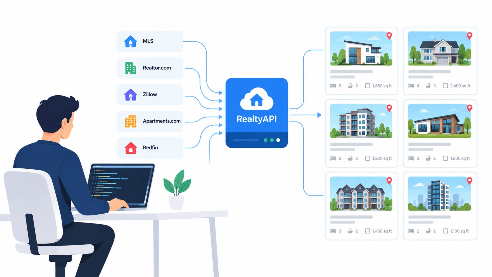 A developer working on a laptop connecting multiple real estate data sources to a central RealtyAPI platform.