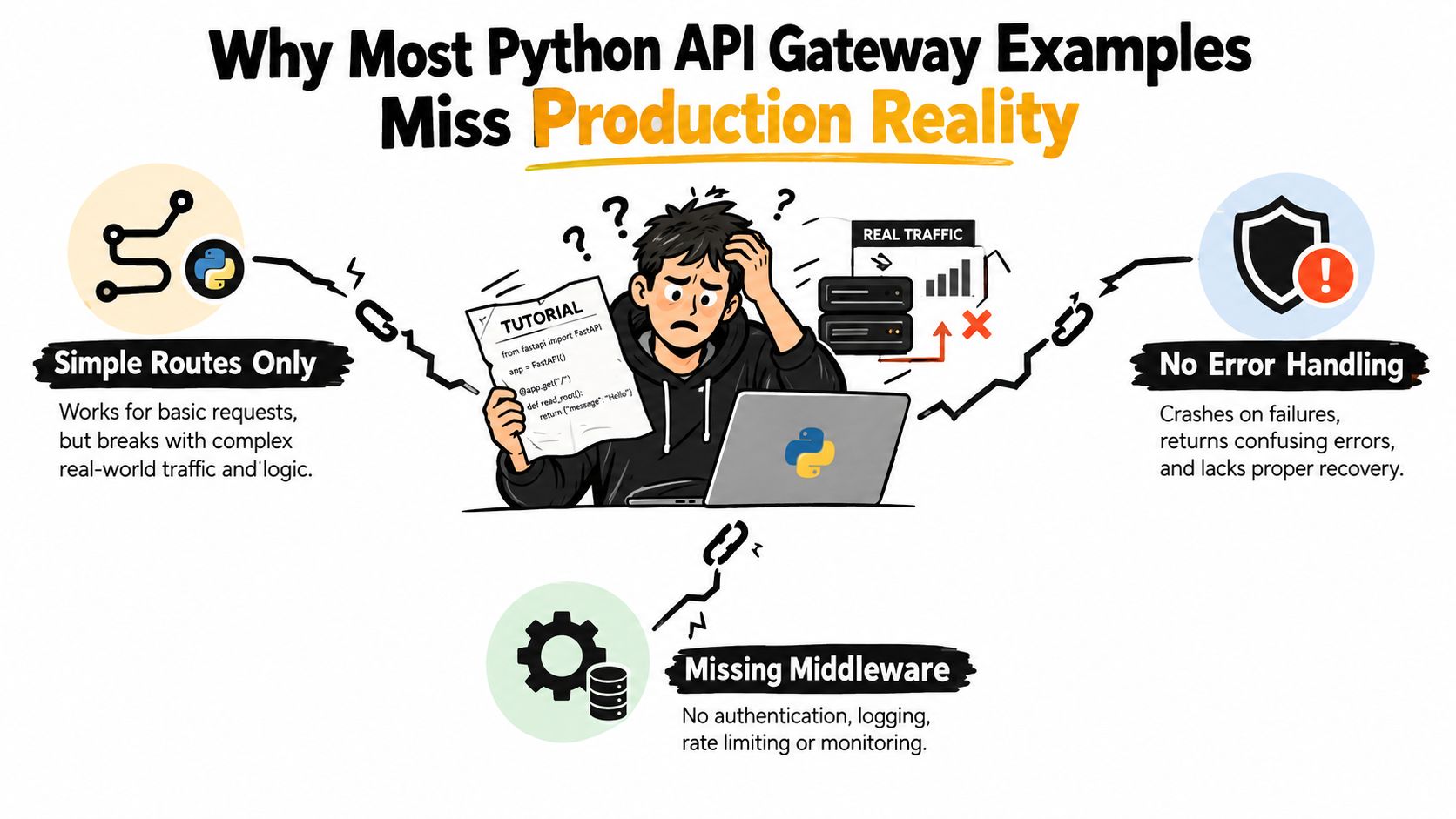 A confused developer looking at a basic tutorial while struggling to manage complex real-world API gateway requirements.