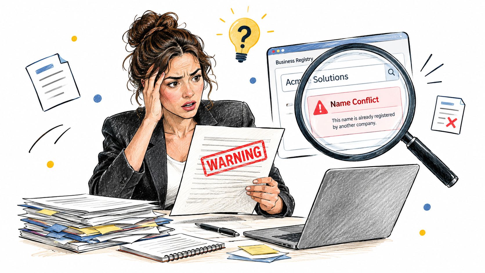 A distressed businesswoman holding a warning document while discovering a name conflict on a digital business registry.