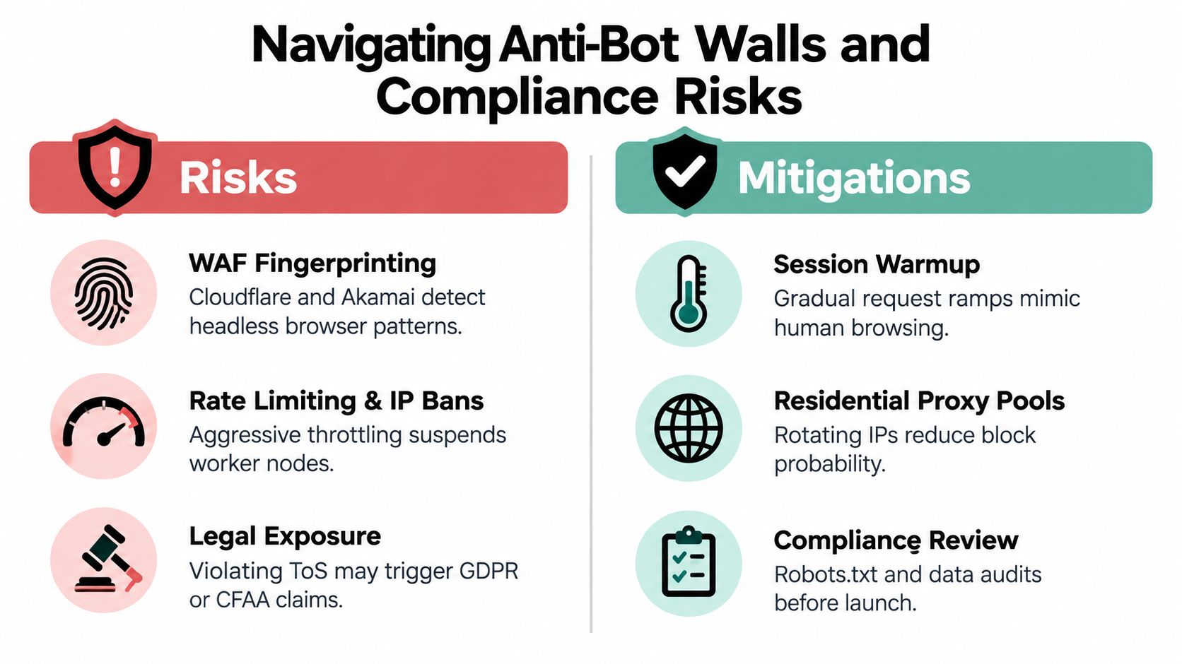 A diagram comparing risks and mitigations for navigating anti-bot walls and compliance during web scraping projects.
