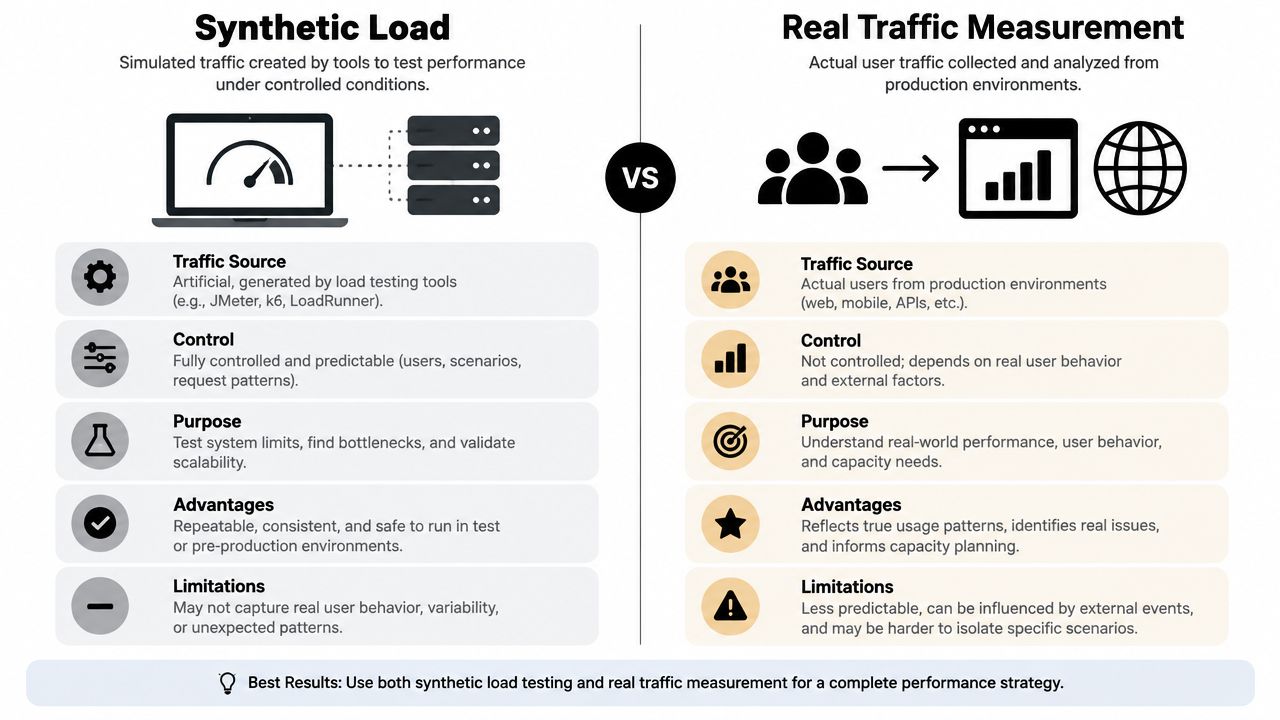 A comparison infographic between synthetic load testing and real traffic measurement for software performance analysis.