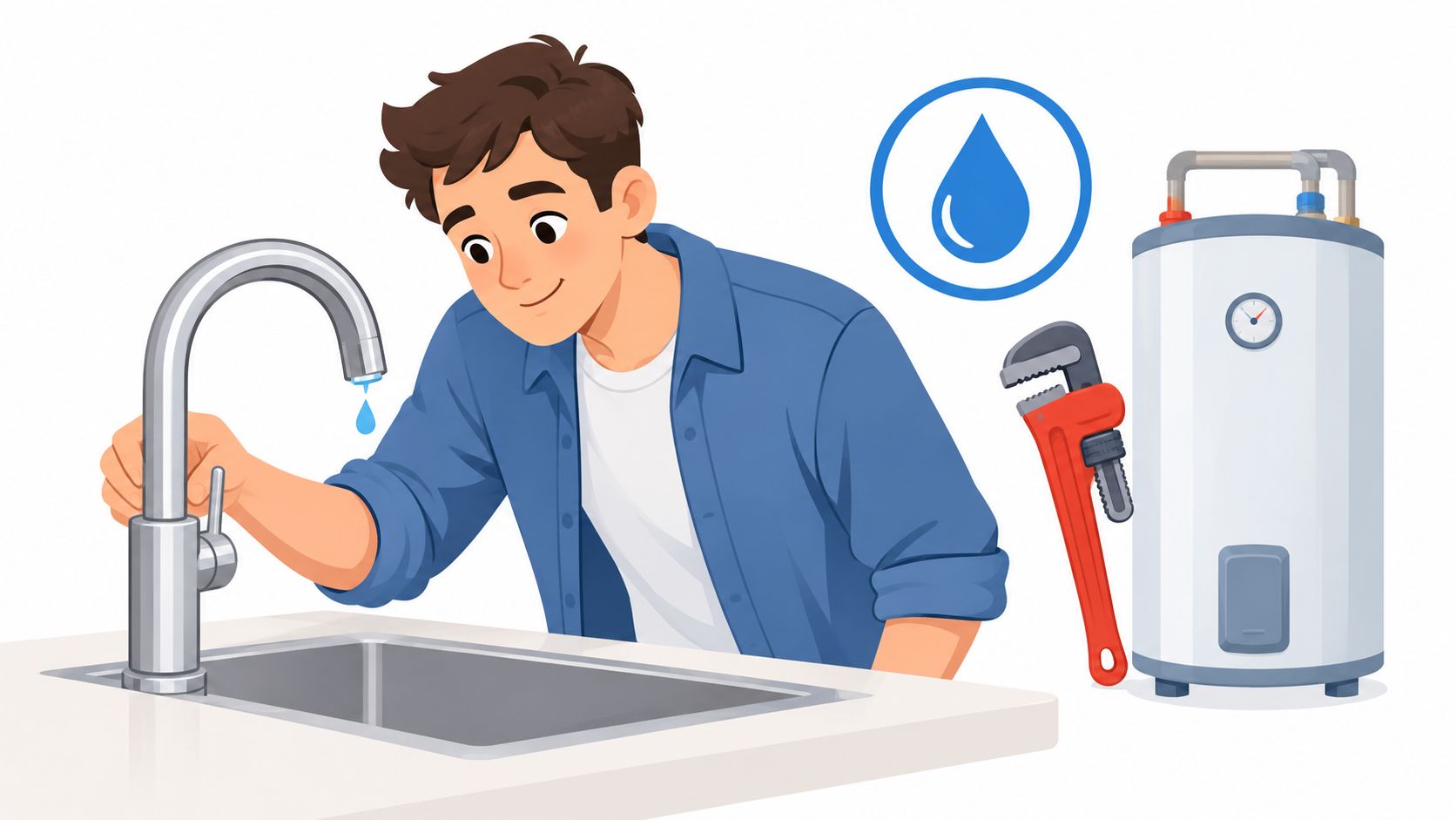 A young man inspecting a dripping kitchen faucet with a water heater and pipe wrench nearby.