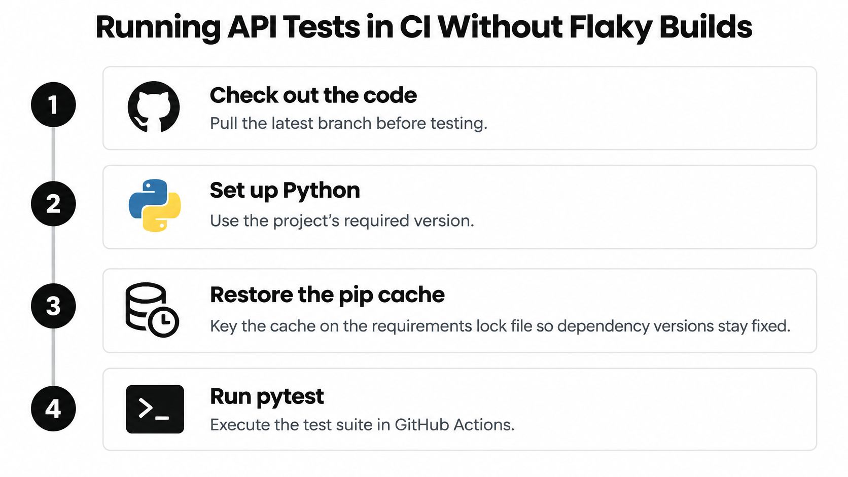 A four-step guide infographic for running stable API tests in a CI environment using Python.