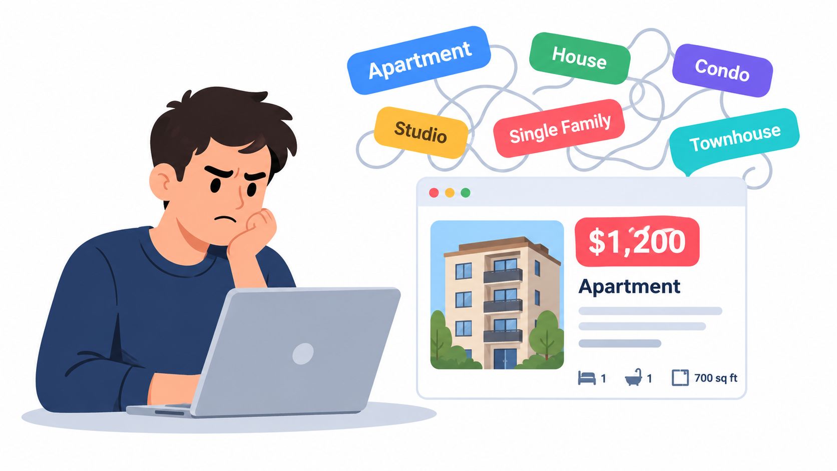 A confused person looking at a laptop while deciding between various rental property types online.