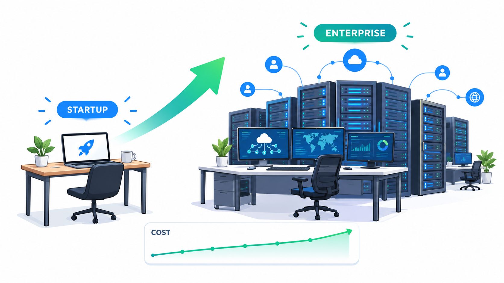 An illustration showing the growth from a small startup workstation to a large enterprise server room.