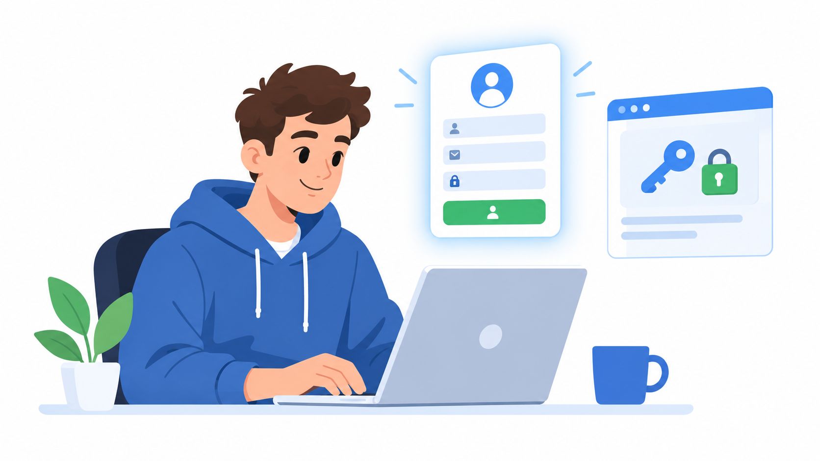 A young man wearing a blue hoodie working on a laptop with login and security account icons.