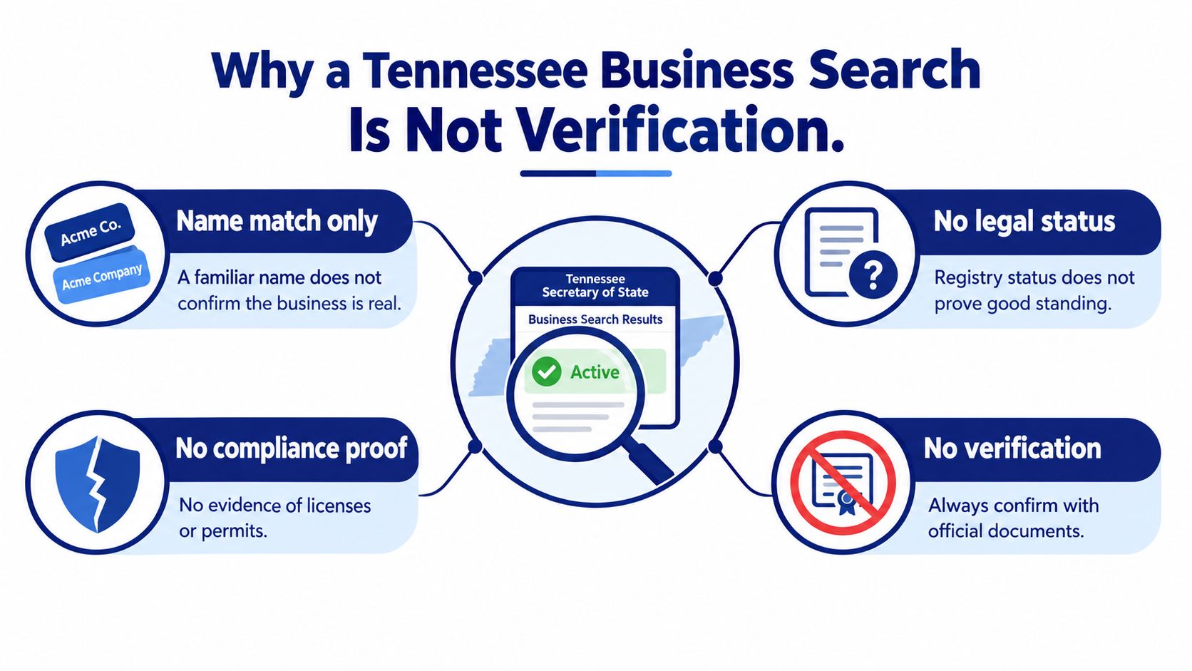 An infographic explaining why a Tennessee business search result does not constitute formal business verification or status.