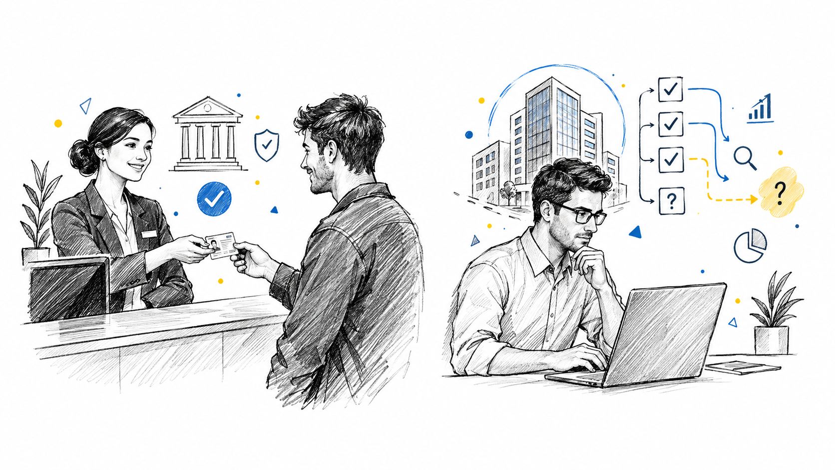 An illustration showing a woman verifying a man's identity and a person working on business verification