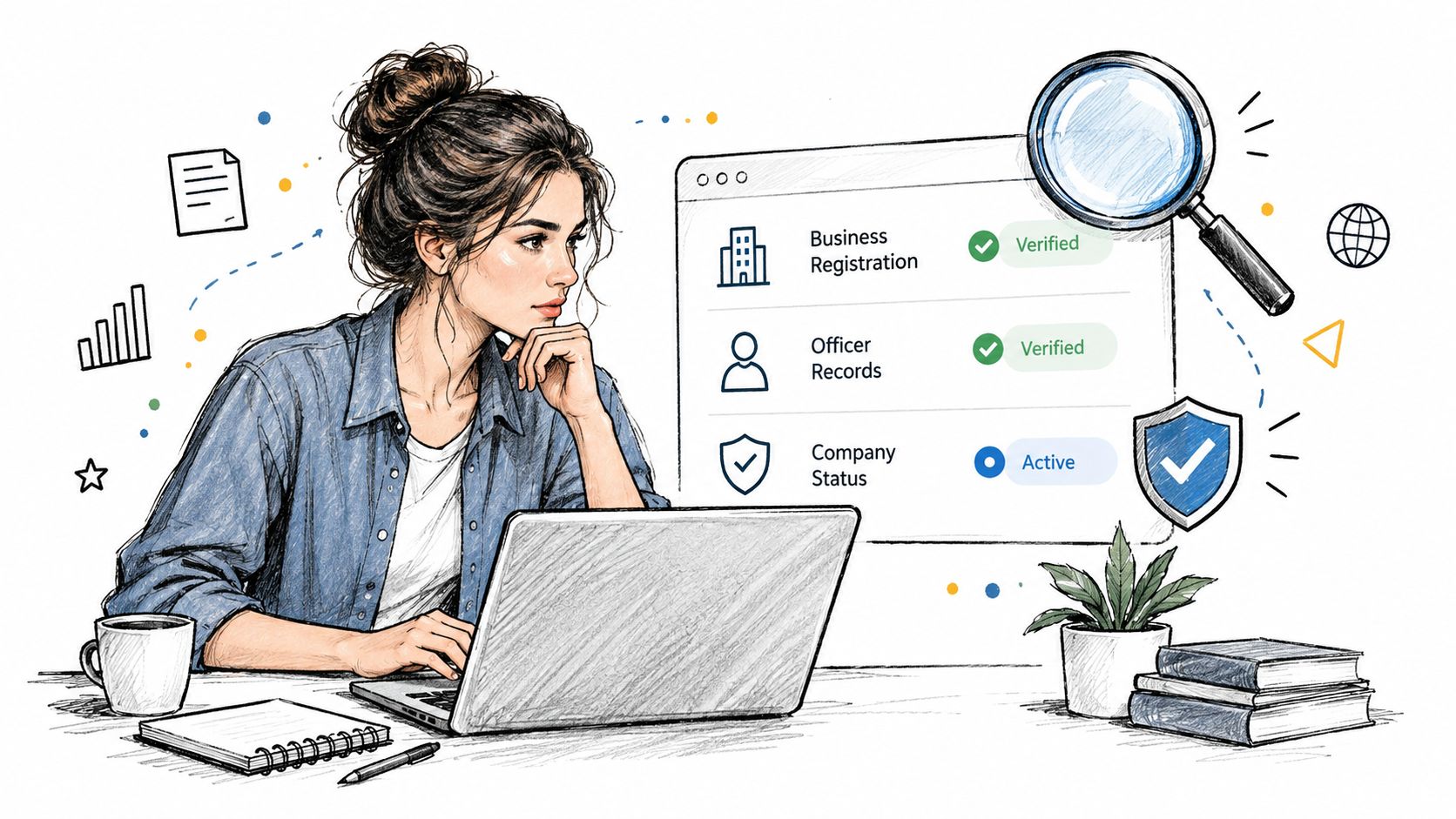 A woman working on a laptop with a digital dashboard showing verified business registration and company status.