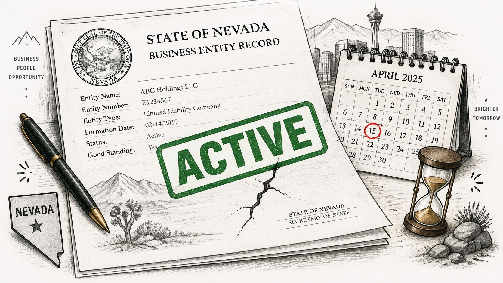 A professional document illustrating a Nevada State business entity record with an active status and April 2025 calendar.