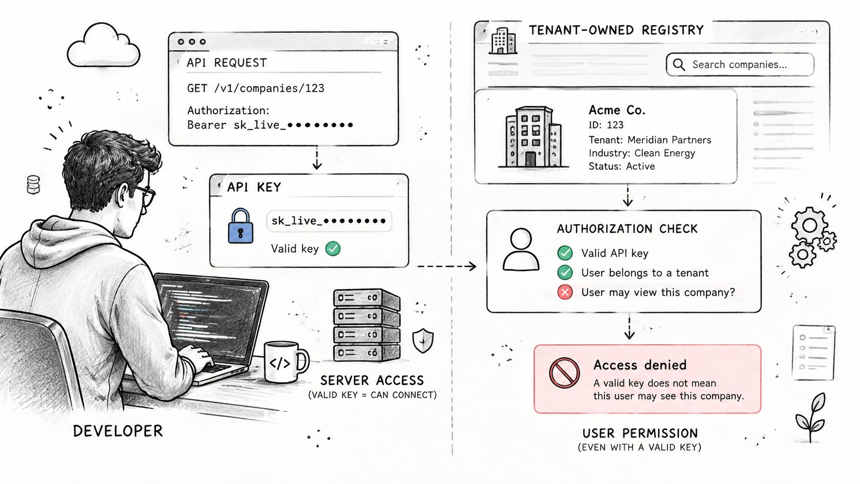 A hand-drawn illustration showing a developer facing an API authorization check error, highlighting tenant-level data permission issues.