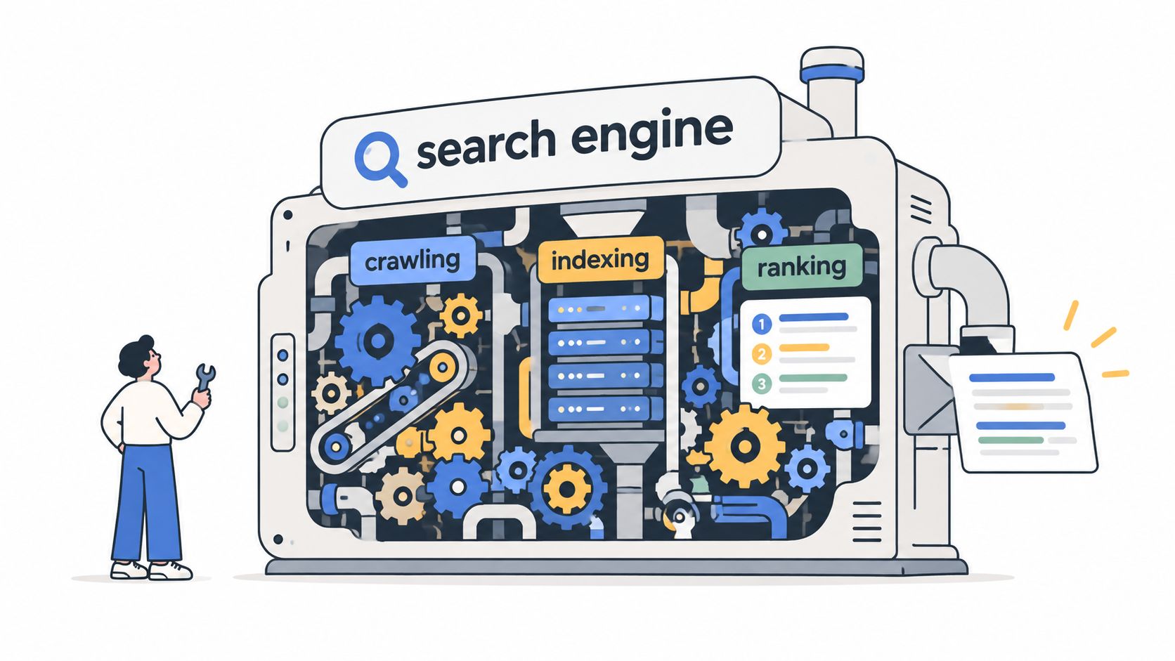 An illustration showing a person repairing a machine that represents the three stages of search engine optimization.