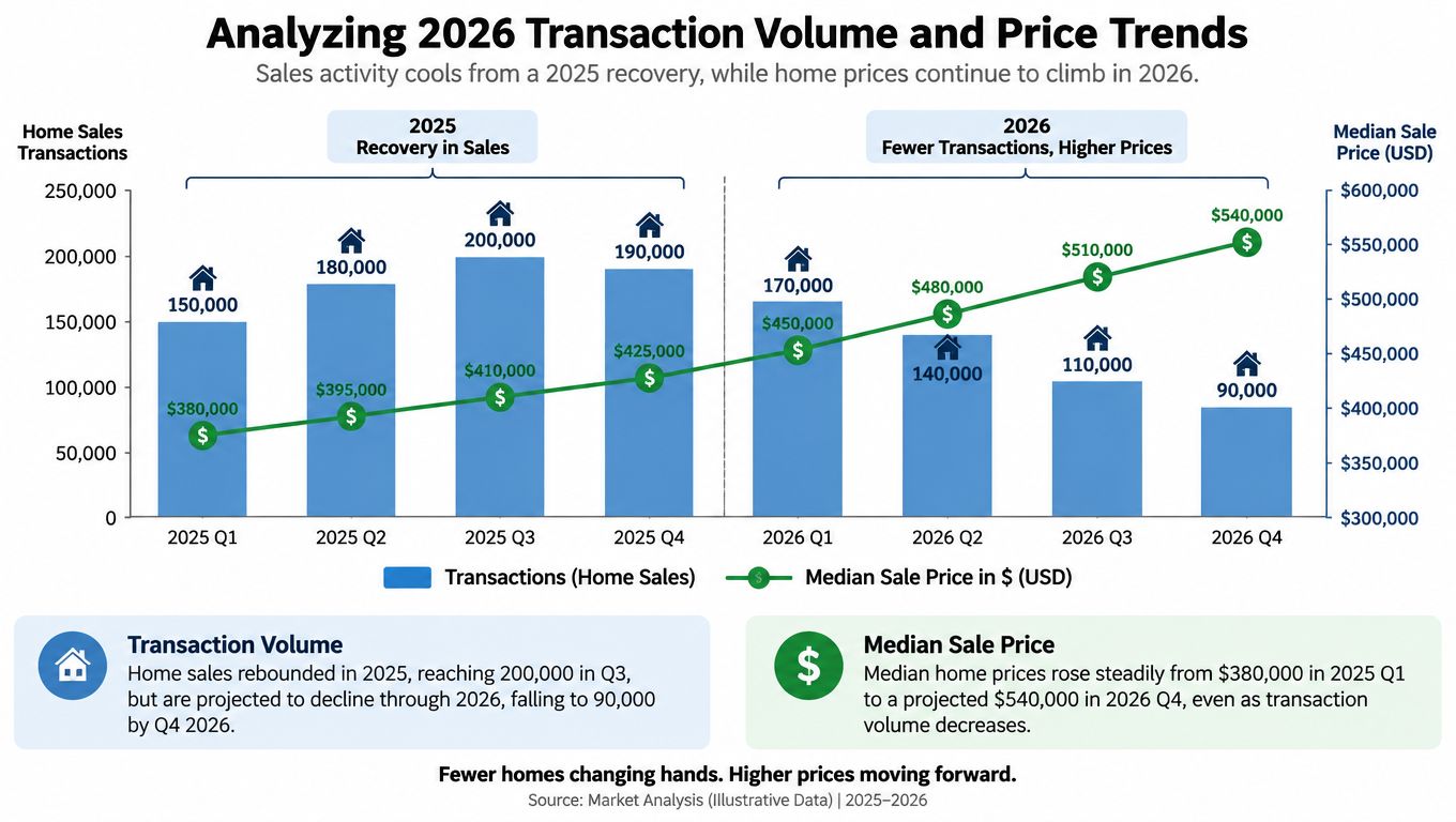A chart showing decreasing home sales transactions and rising median home prices from 2025 through 2026.