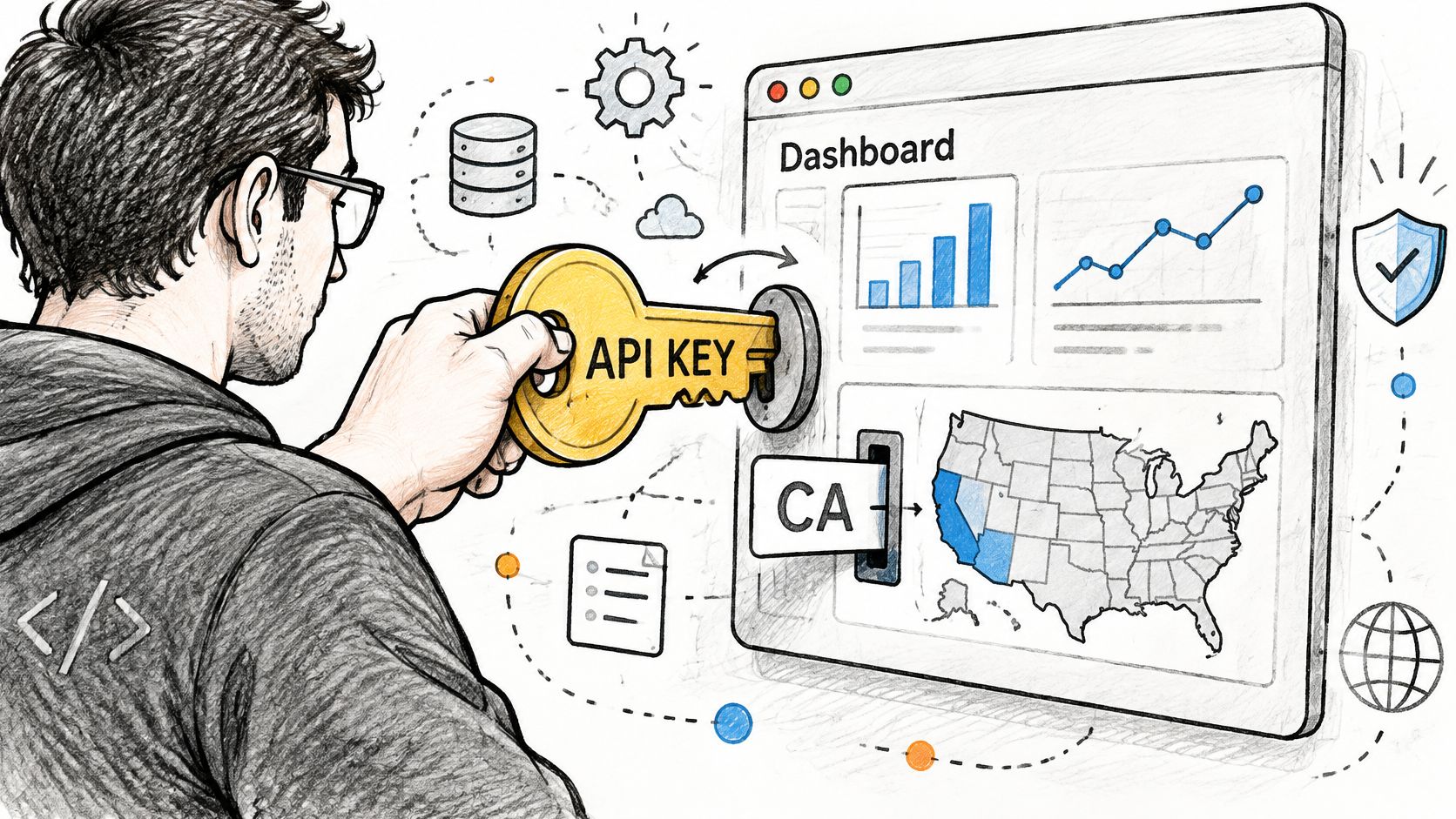A person using an API key to unlock access to a digital analytics dashboard with map data.