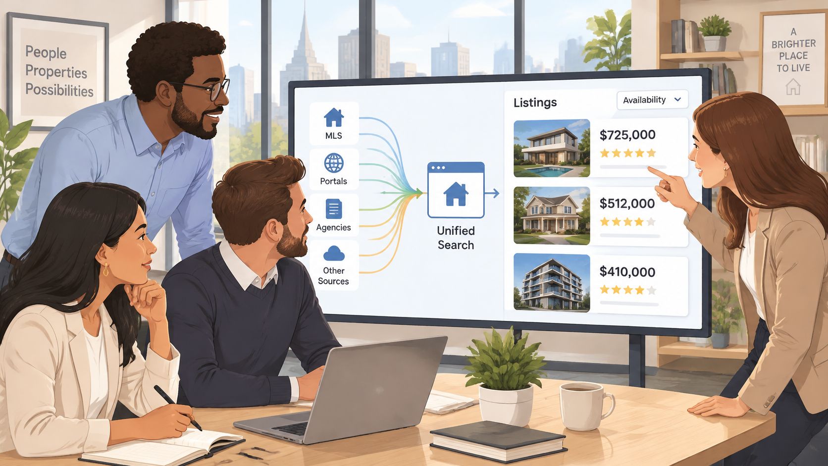 A professional team discusses a unified real estate data search platform shown on a digital presentation screen.