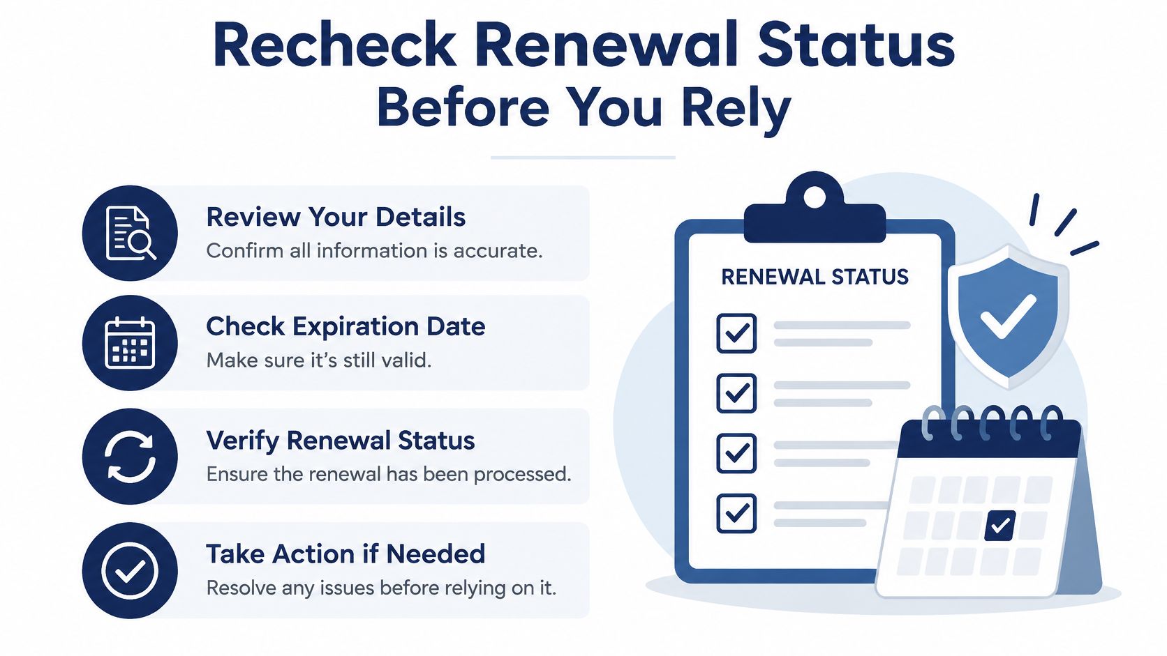 A helpful graphic titled Recheck Renewal Status Before You Rely, listing steps to verify business document status.