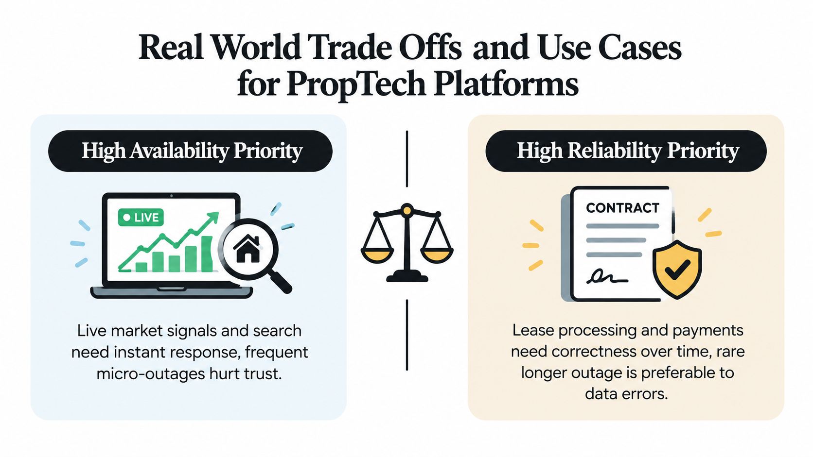 A diagram comparing high availability and high reliability trade-offs in PropTech software development platforms.