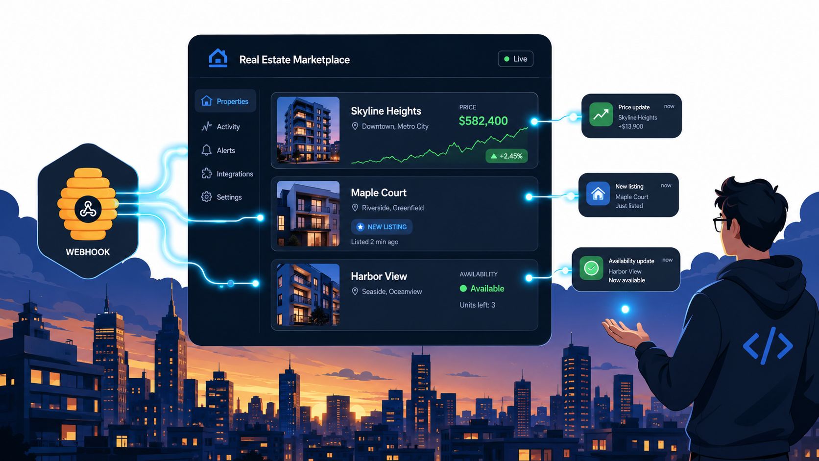 A developer observing real estate dashboard data being synchronized in real-time through a digital webhook integration process.