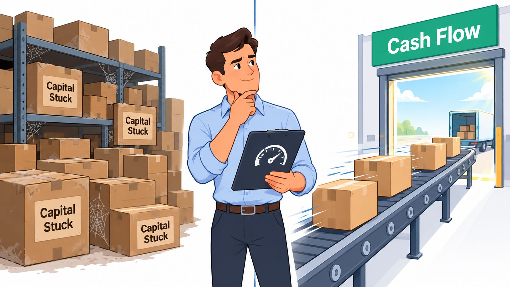 A professional manager analyzing the shift from stagnant inventory to efficient cash flow management processes.