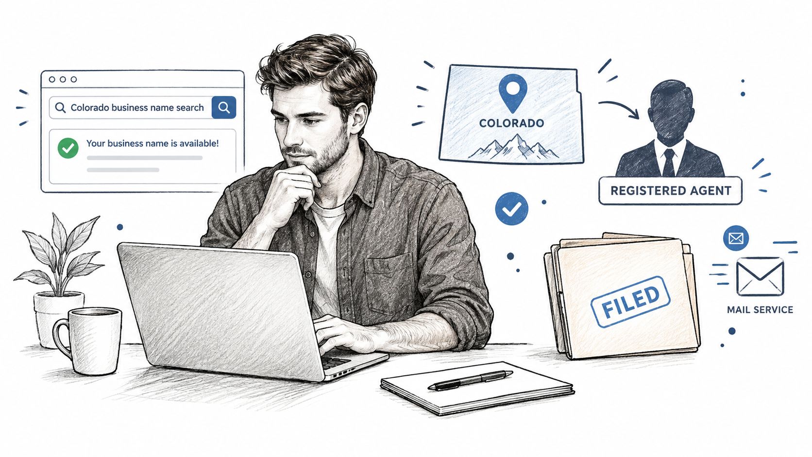 A man working on his laptop while researching business registration and legal documents for a Colorado company.