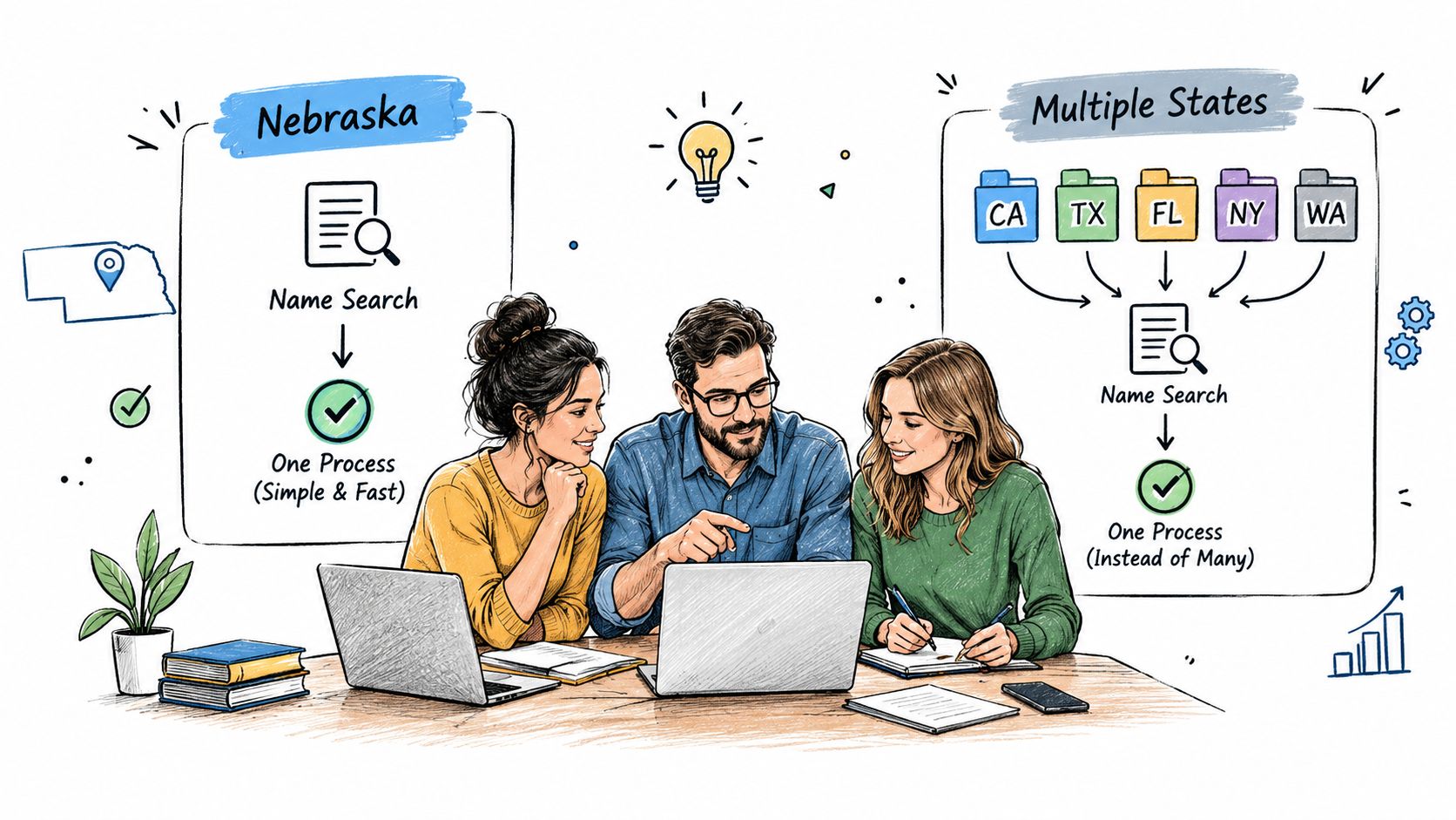 Three colleagues collaborating on a laptop to perform business name searches for Nebraska and multiple other states.