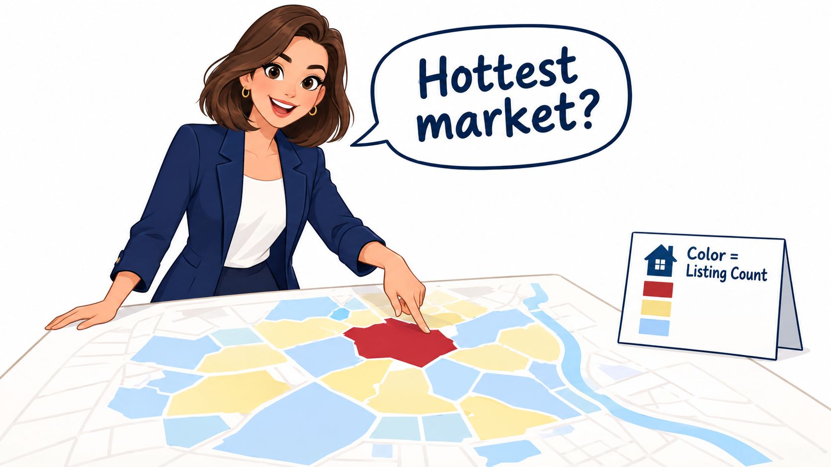 A professional woman points to a red region on a real estate market heat map illustration.