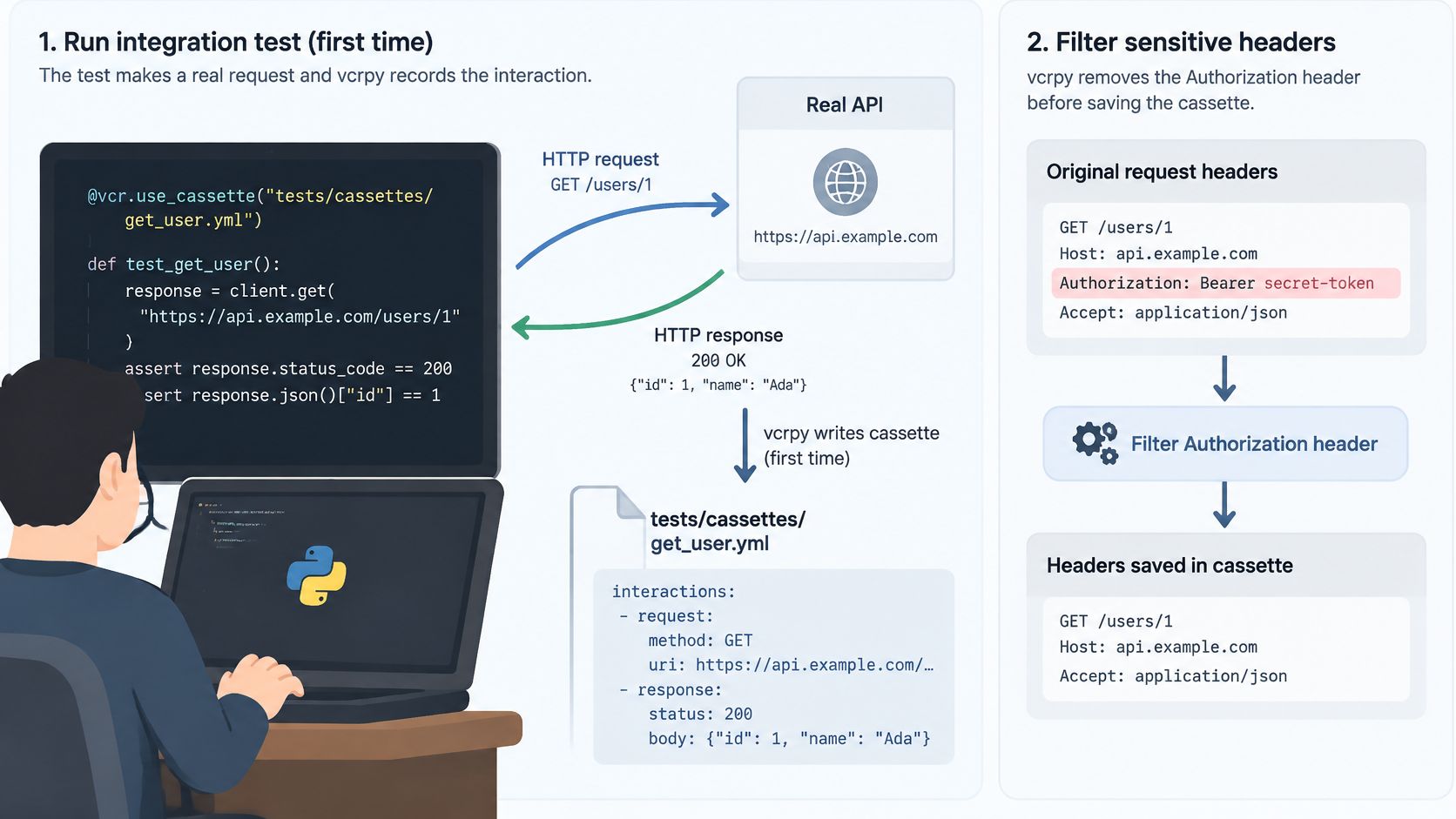 A diagram illustrating how vcrpy records API interactions and filters sensitive headers during Python integration testing.