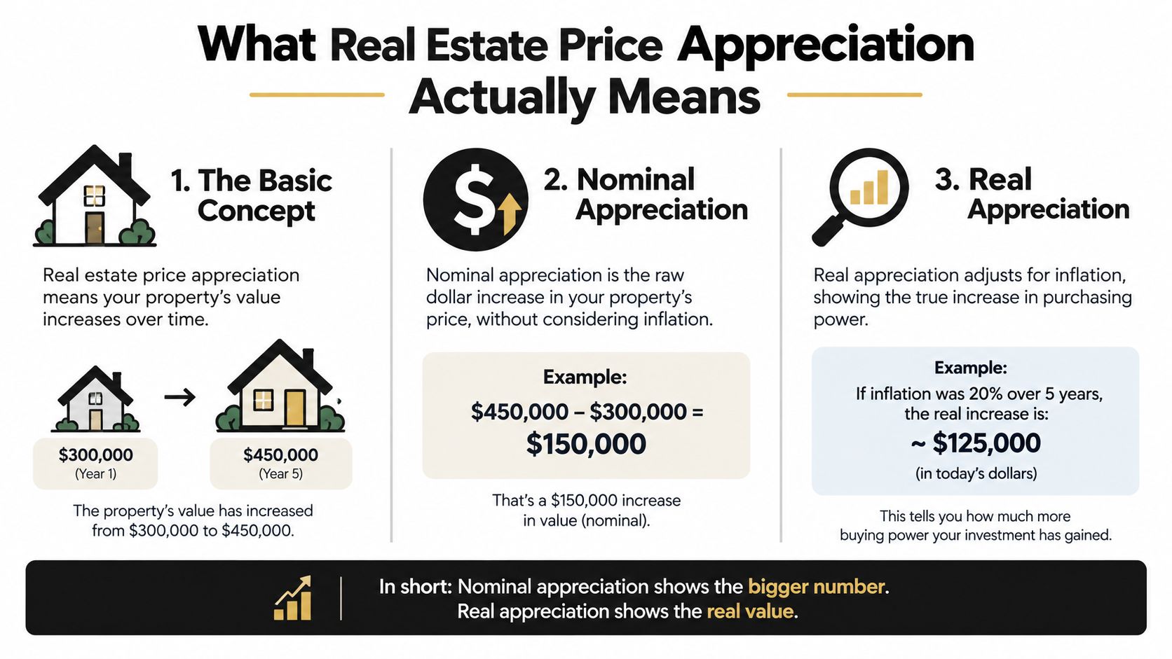 An infographic explaining real estate price appreciation, nominal appreciation, and real appreciation through simple examples.