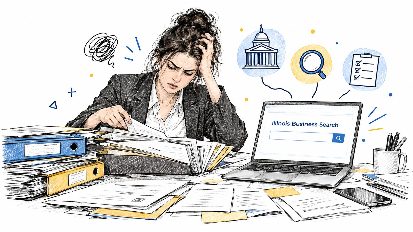 Stressed business woman looking at documents while searching for an Illinois business on her laptop.