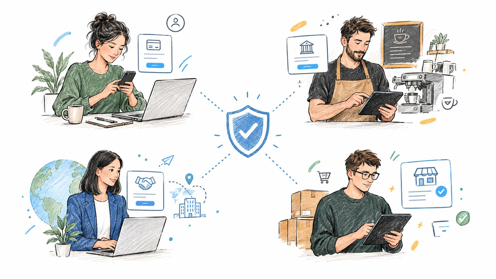 A digital illustration showing four professionals connecting through a central shield icon, representing secure KYC and KYB processes.