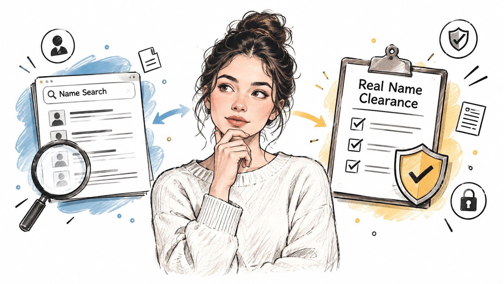A woman thinking about the process of conducting a business entity name search for official clearance.