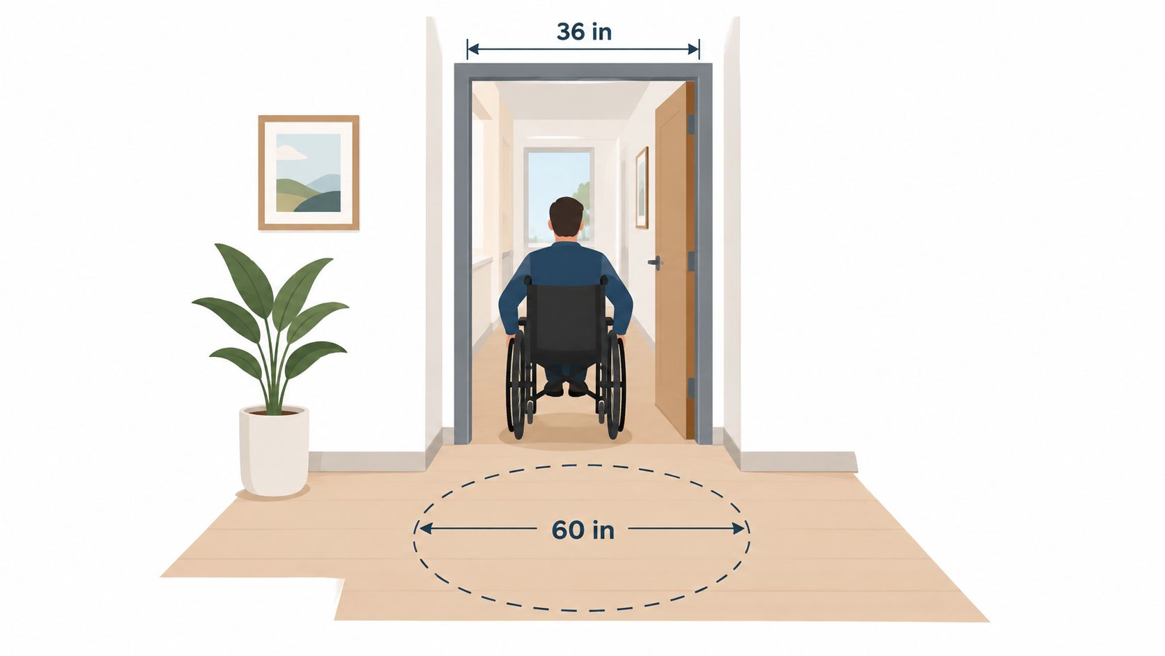 A person in a wheelchair enters a doorway with a 36-inch width and 60-inch clearance space.