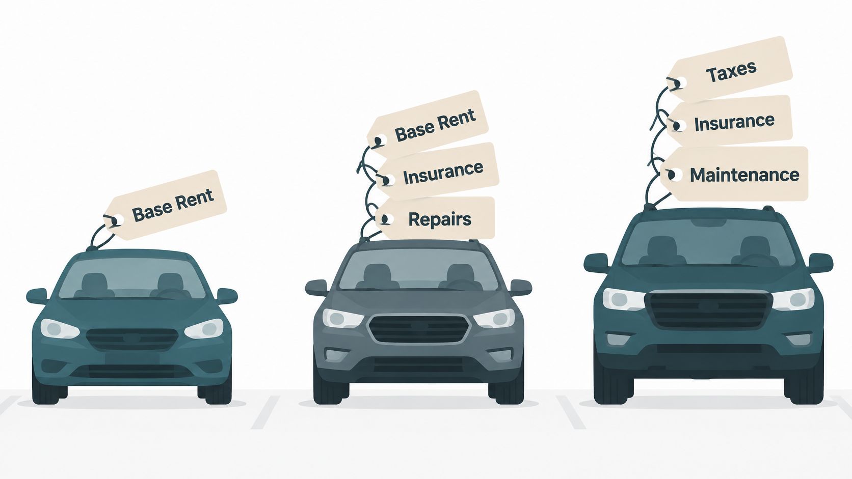 A visual comparison of three cars labeled with increasing levels of lease or rental cost components.