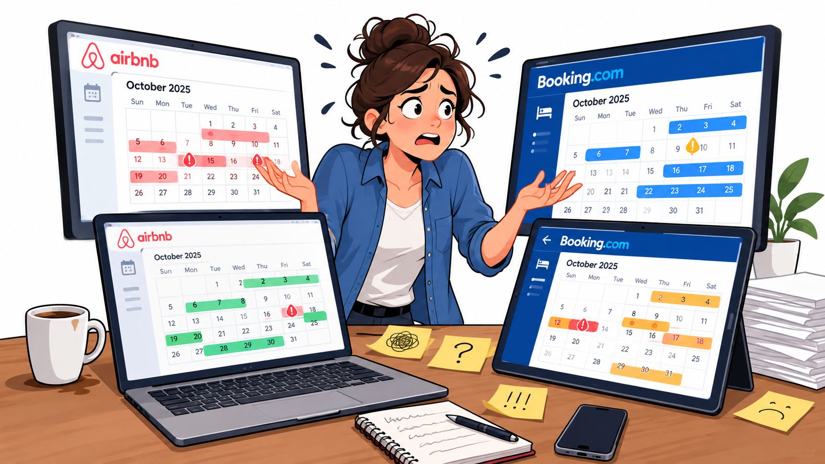 Stressed person managing multiple online booking calendars on various computer screens and devices, showing conflict alerts.
