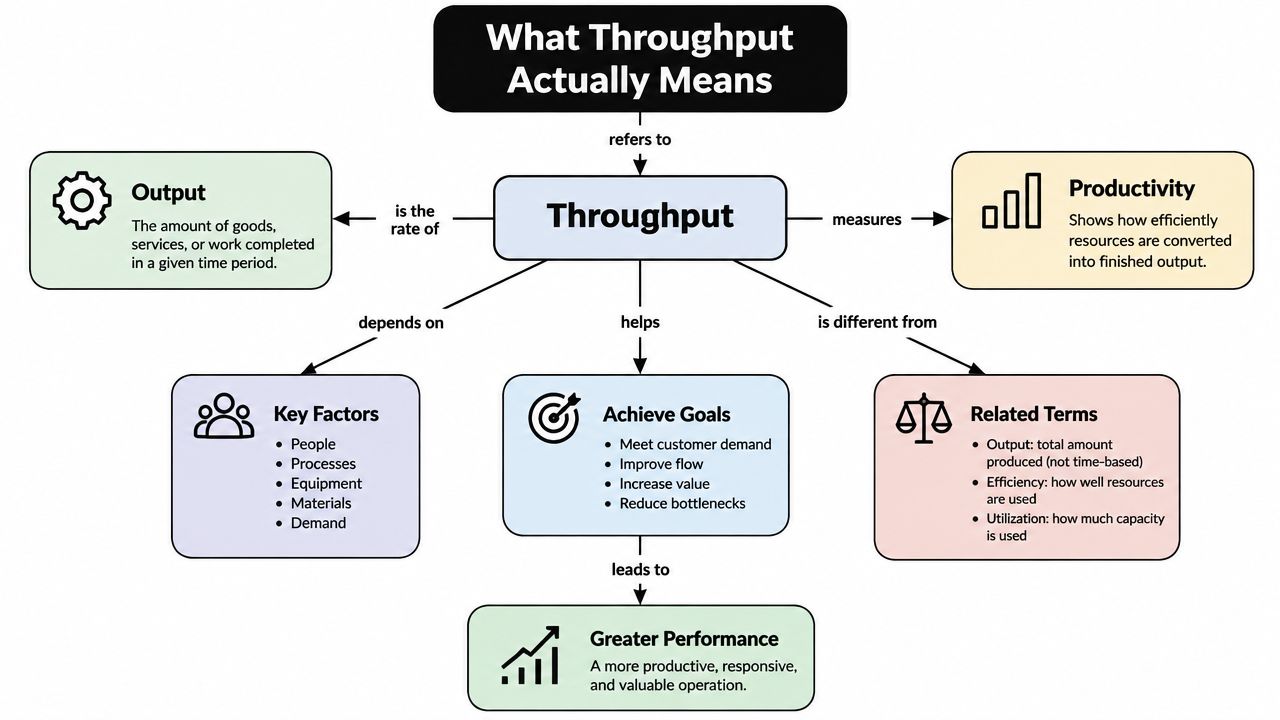 An infographic map explaining the concept of throughput, its influencing factors, goals, and differences from other terms.