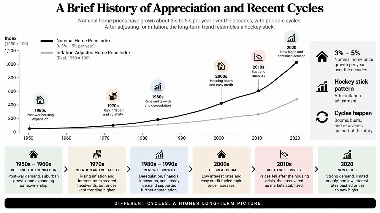 Line graph showing nominal and inflation-adjusted home price index trends from 1950 to 2020 with decade-by-decade market highlights.
