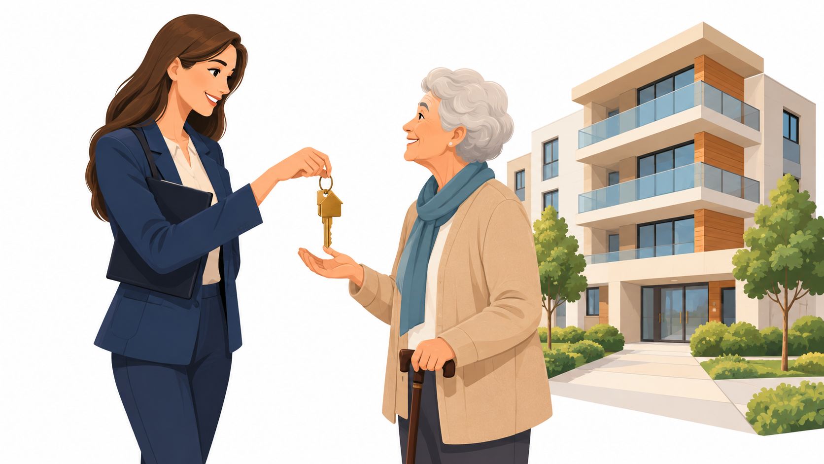 A real estate agent handing house keys to an elderly woman in front of a modern apartment.