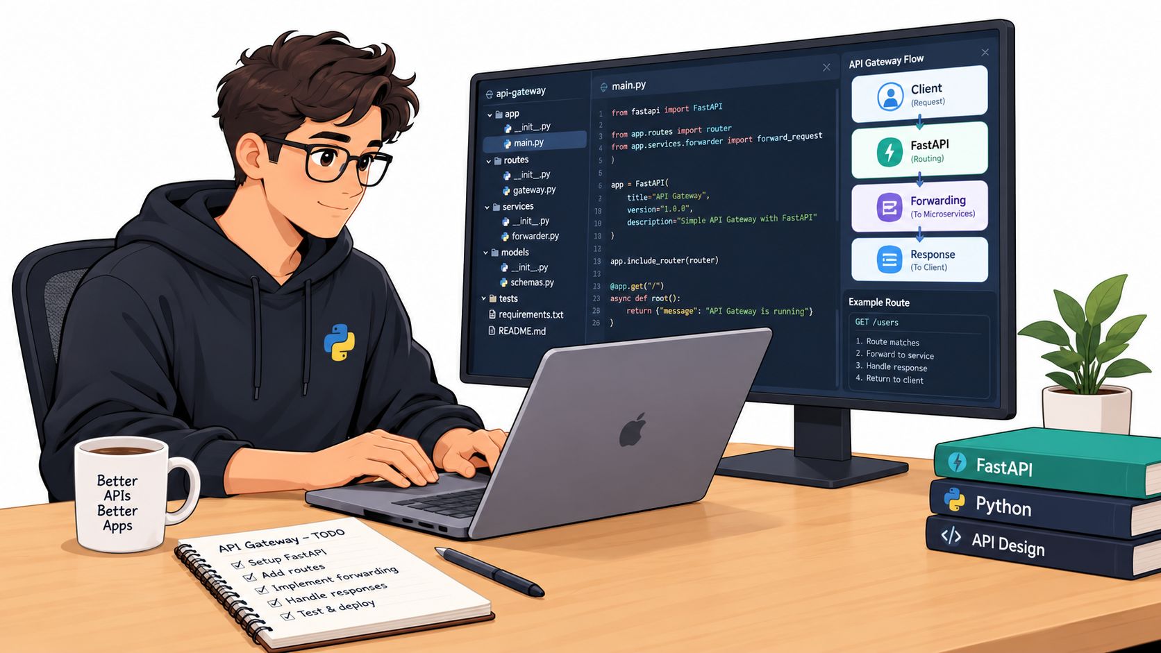A young programmer sitting at a desk developing an API gateway using Python and FastAPI framework.