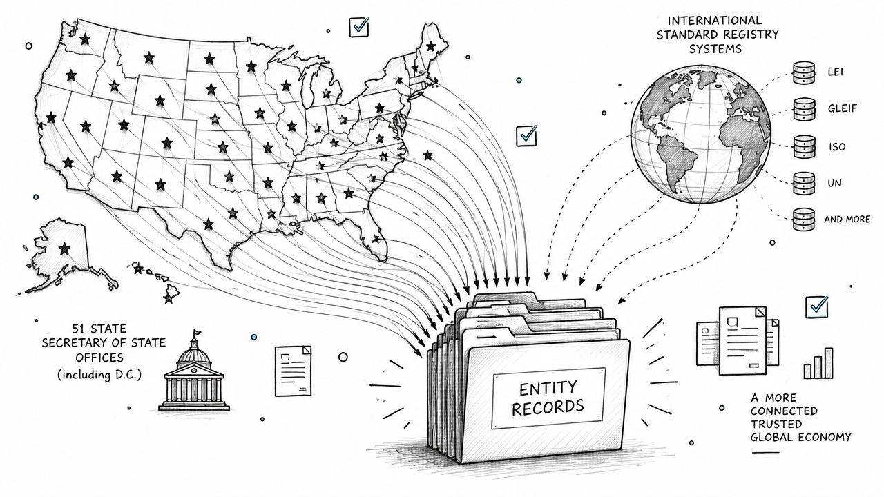 A diagram showing business entity data flowing from U.S. state offices and global registries into a central database.