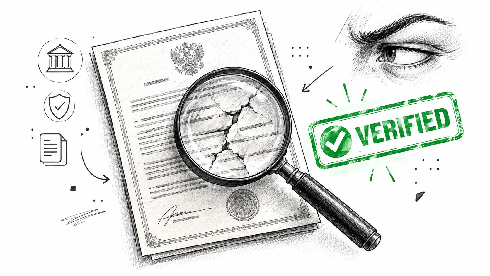 A magnifying glass inspecting a legal document with a Russian coat of arms and a verified stamp