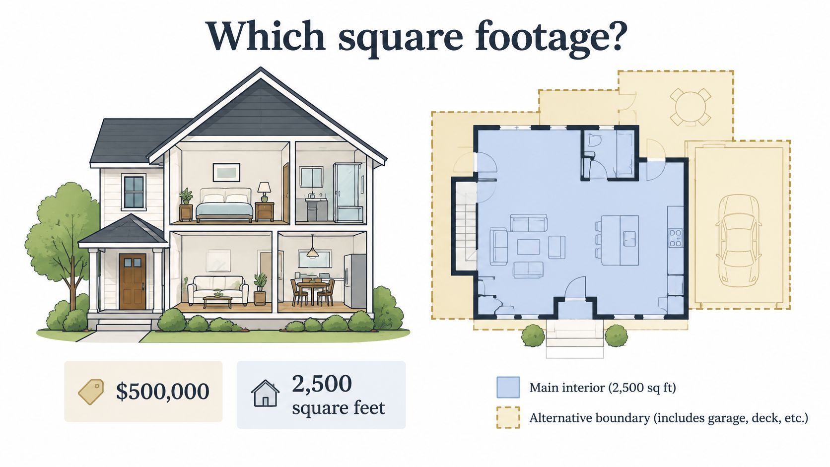 An infographic illustrating home pricing versus square footage calculations, featuring a house diagram and floor plan.