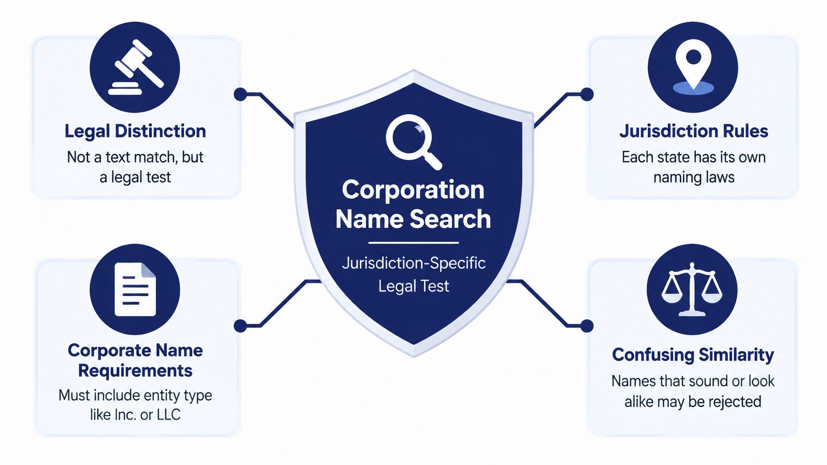 A diagram illustrating the four key aspects of conducting a legal corporation name search for businesses.