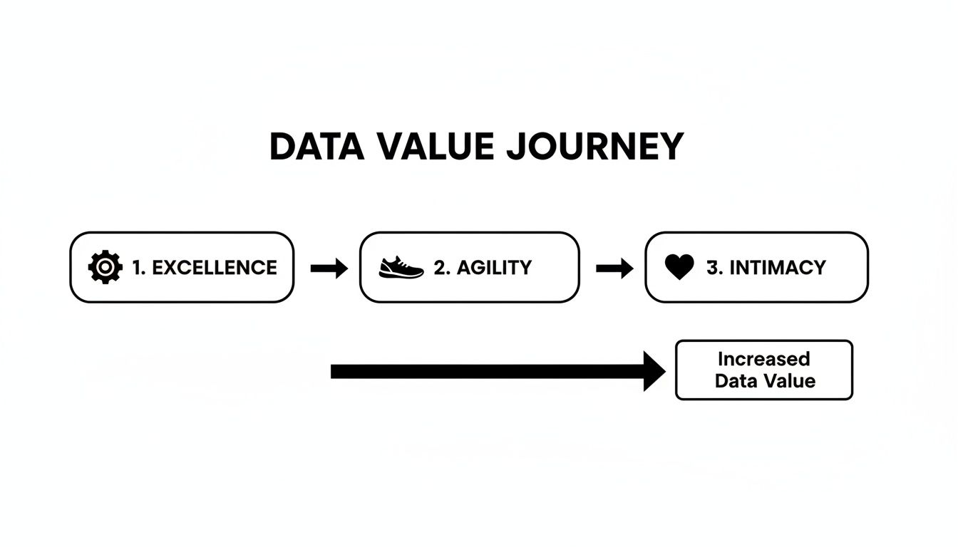 Ein Diagramm, das die Data Value Journey skizziert: von Exzellenz über Agilität bis zu Intimität, mit steigendem Datenwert.