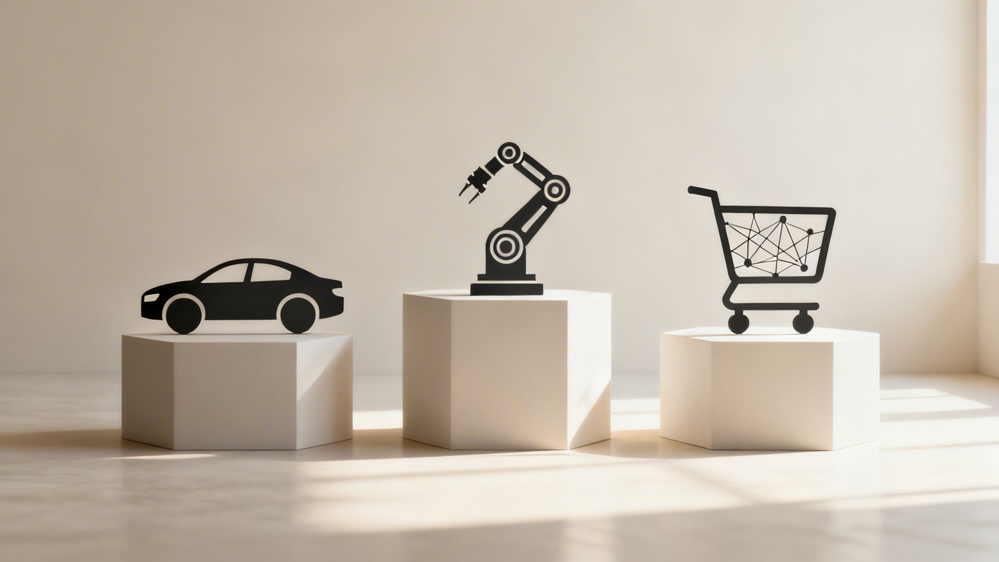 Icons representing automotive, robotic manufacturing, and smart e-commerce on white pedestals.