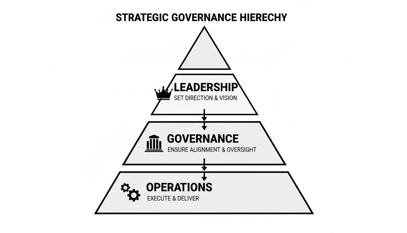 Eine strategische Governance-Hierarchie-Pyramide zeigt Führung, Governance und Betrieb mit ihren Kernfunktionen.